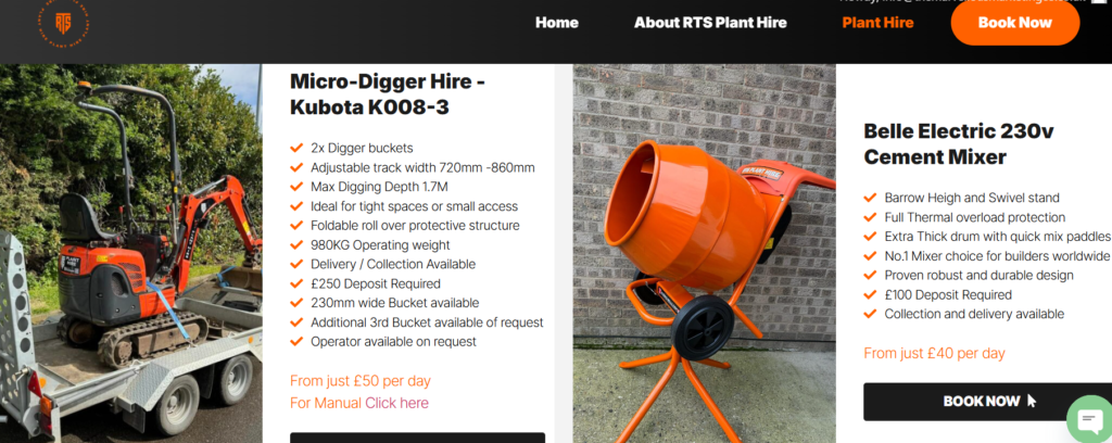 RTS Plant Hire Ltd Plant Hire equipment list