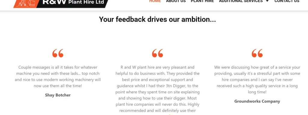 R&W Plant Hire Ltd Feedback on their website