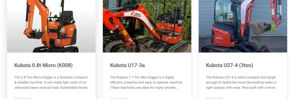 R&W Plant Hires List of equipment on their website
